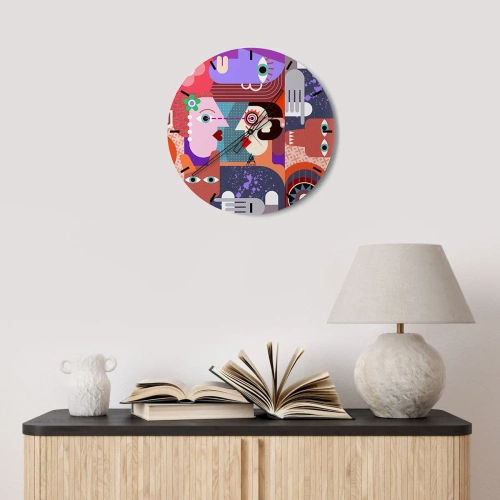 Zegar ścienny - Kolorowa abstrakcja z motywem twarzy w stylu kubizmu - 30x30cm - Oko w oko - Nowoczesna dekoracja ścienna do salonu, kuchni i sypialni ARTTOR