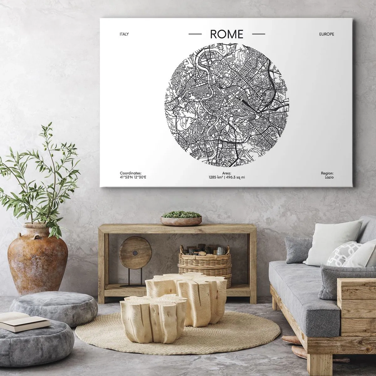 Obraz na płótnie - Mapa Rzymu w minimalistycznym, czarno-białym stylu - 70x50cm - Anatomia Rzymu - Nowoczesna dekoracja ścienna do salonu i sypialni ARTTOR