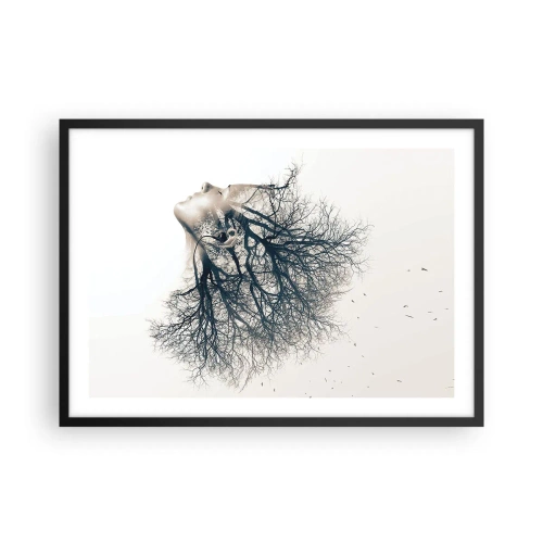 Plakat w czarnej ramie - Twórcza sylwetka kobiety i drzew - 70x50cm - Zasłuchana w szept drzewa - Nowoczesna dekoracja ścienna do salonu i sypialni ARTTOR