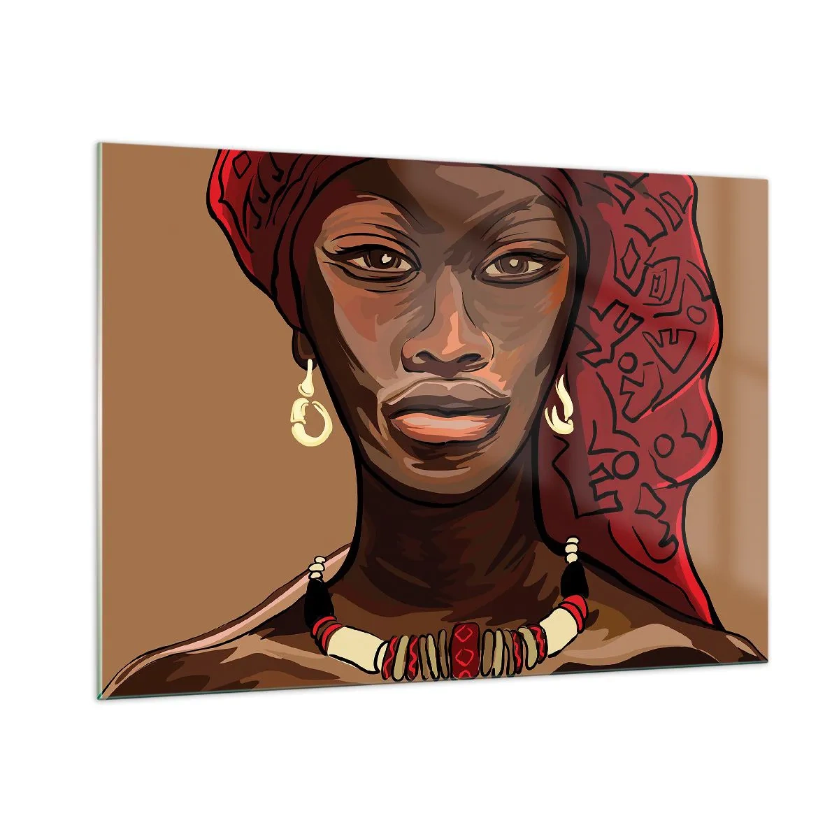 Obraz na szkle - Stylizowany portret kobiety w czerwonym turbanie z biżuterią - 100x70cm - Hebanowa Wenus - Nowoczesna dekoracja ścienna do salonu, kuchni i sypialni ARTTOR