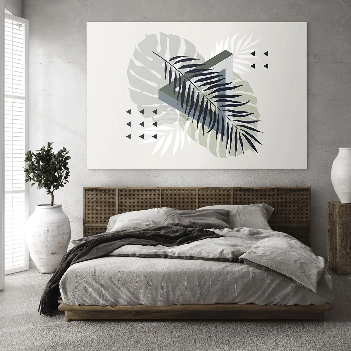 Obraz na szkle - Nowoczesna kompozycja liści w geometrycznym stylu - 120x80cm - Natura i geometria – dwa porządki? - Nowoczesna dekoracja ścienna do salonu, kuchni i sypialni ARTTOR
