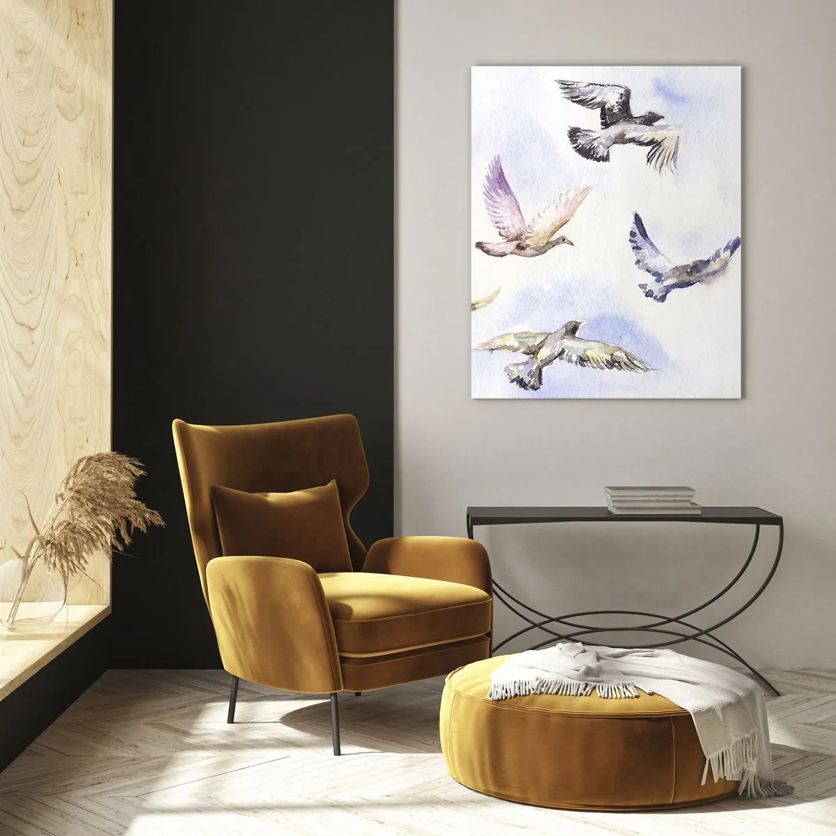 Obraz na szkle - Akwarelowe ptaki w locie na tle delikatnego nieba - 70x100cm - Wolność w szarości i błękicie - Nowoczesna dekoracja ścienna do salonu i sypialni ARTTOR