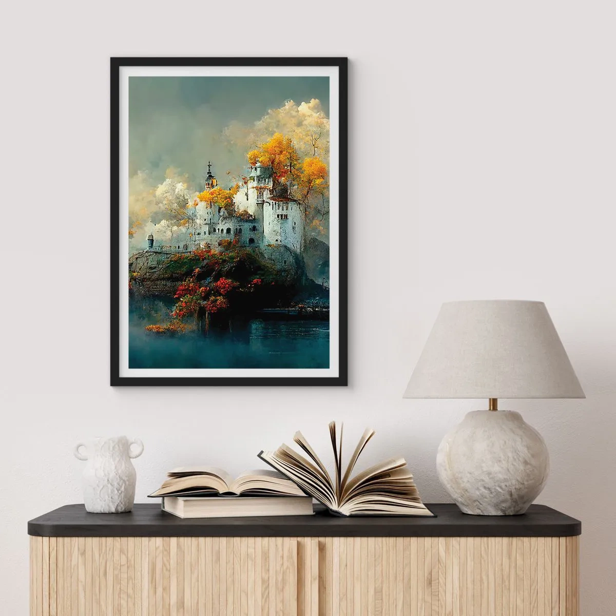 Plakat w czarnej ramie - Zamek na skale otoczony jesiennym pejzażem - 50x70cm - Początek romantycznej opowieści - Nowoczesna dekoracja ścienna do salonu i sypialni ARTTOR