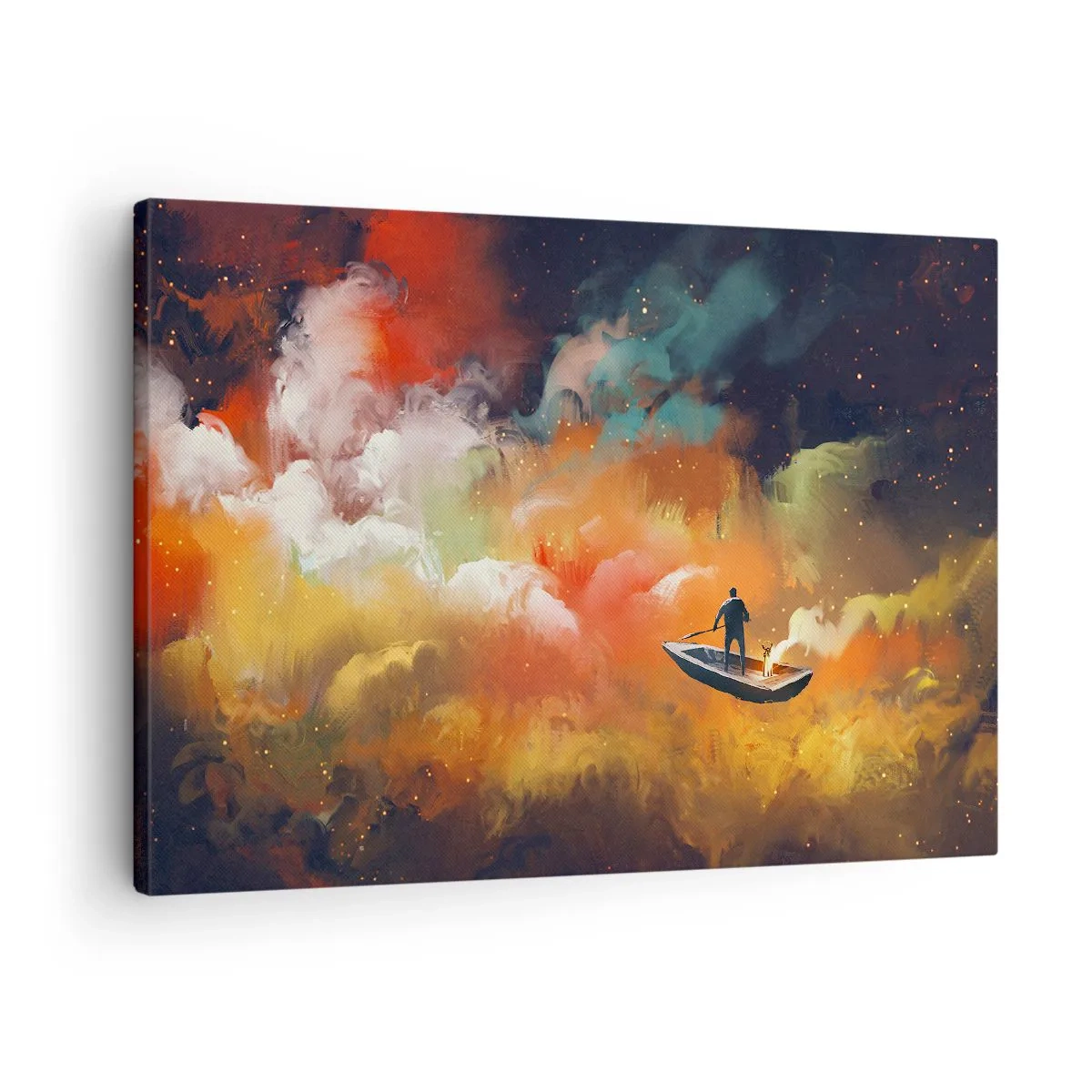Obraz na płótnie - Postać w łodzi na tle kolorowych chmur - 70x50cm - Łodzią przez galaktykę - Nowoczesna dekoracja ścienna do salonu i sypialni ARTTOR