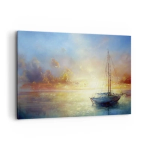 Obraz na płótnie - Jacht na spokojnym morzu o zachodzie słońca - 120x80cm - W złotej zatoce - Nowoczesna dekoracja ścienna do salonu, kuchni i sypialni ARTTOR