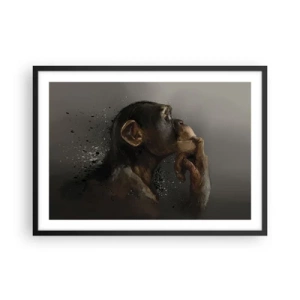 Plakat w czarnej ramie - Portret małpy w refleksyjnej pozie na szarym tle - 70x50cm - Z pewnością myśliciel - Nowoczesna dekoracja ścienna do salonu i sypialni ARTTOR