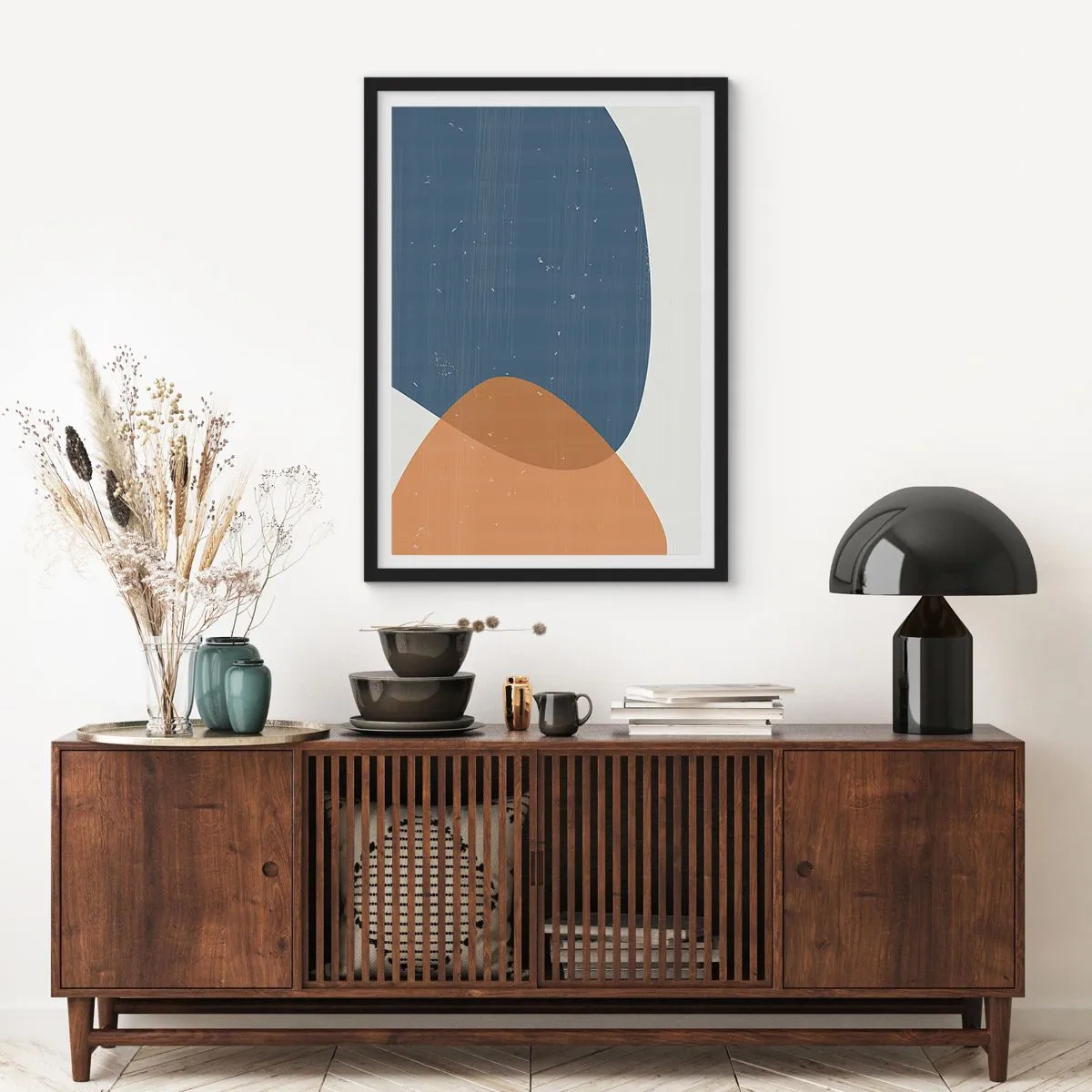Plakat w czarnej ramie - Geometria w odcieniach niebieskiego i beżu - 50x70cm - Owale i wpływy - Nowoczesna dekoracja ścienna do salonu i sypialni ARTTOR