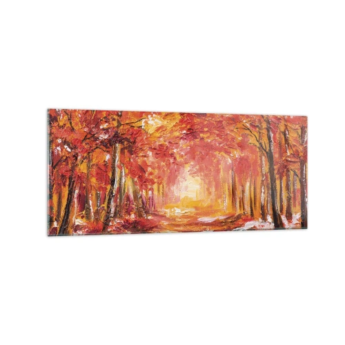 Obraz na szkle - Jesienny las w odcieniach miedzi i złota - 120x50cm - Miedziany las - Nowoczesna dekoracja ścienna do salonu i sypialni ARTTOR