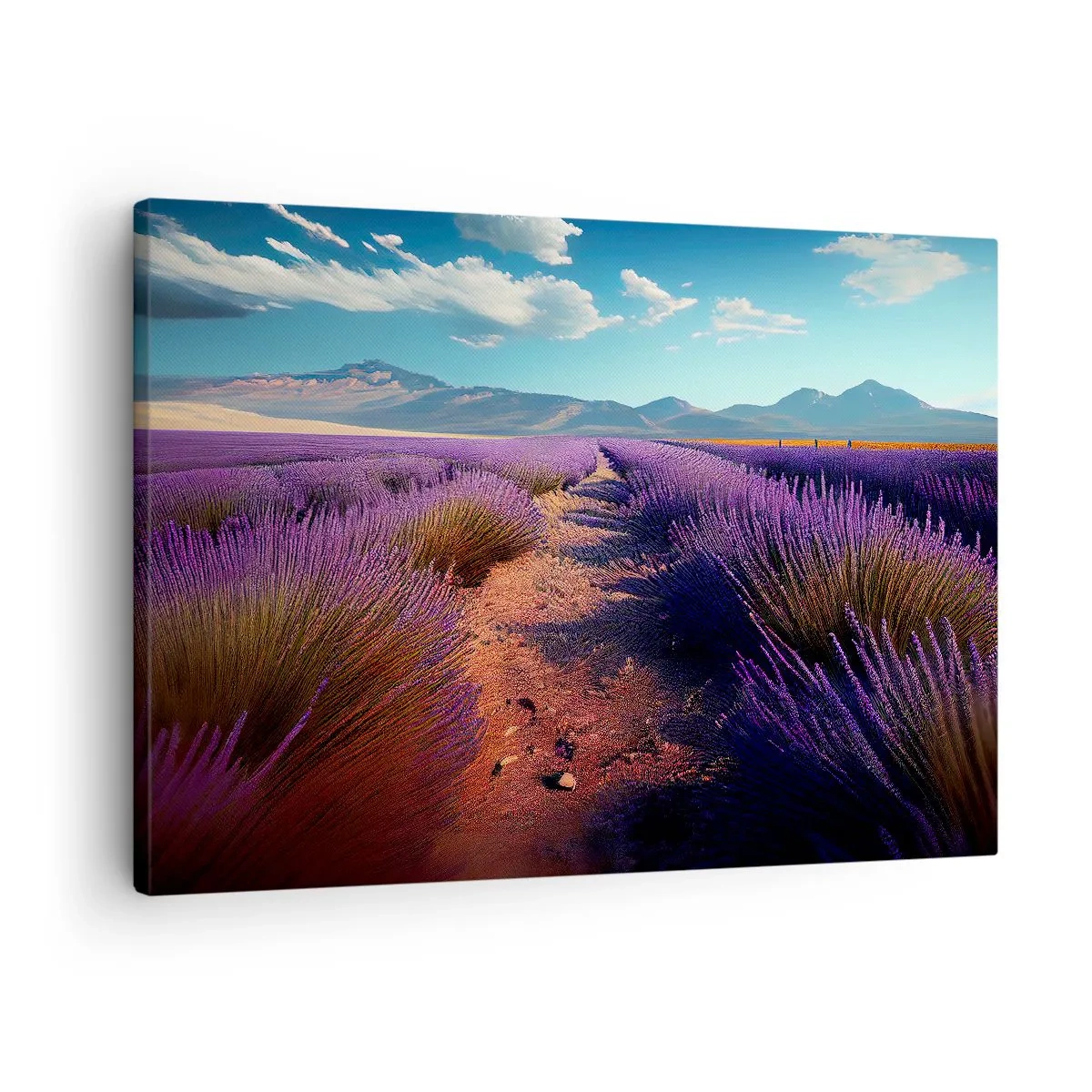 Obraz na płótnie - Lawendowe pole z widokiem na góry i błękitne niebo - 70x50cm - Pachnące pola - Nowoczesna dekoracja ścienna do salonu i sypialni ARTTOR