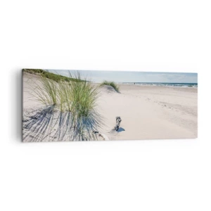 Obraz na płótnie - Bałtycka plaża z piaskiem, trawami i spokojnym błękitnym niebem - 140x50cm - Najpiękniejsza? Bałtycka - Nowoczesna dekoracja ścienna do salonu i sypialni ARTTOR
