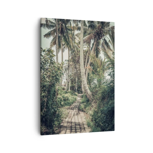 Obraz na płótnie - Ścieżka w tropikalnym lesie otoczona palmami - 50x70cm - Palmowa aleja - Nowoczesna dekoracja ścienna do salonu, kuchni i sypialni ARTTOR