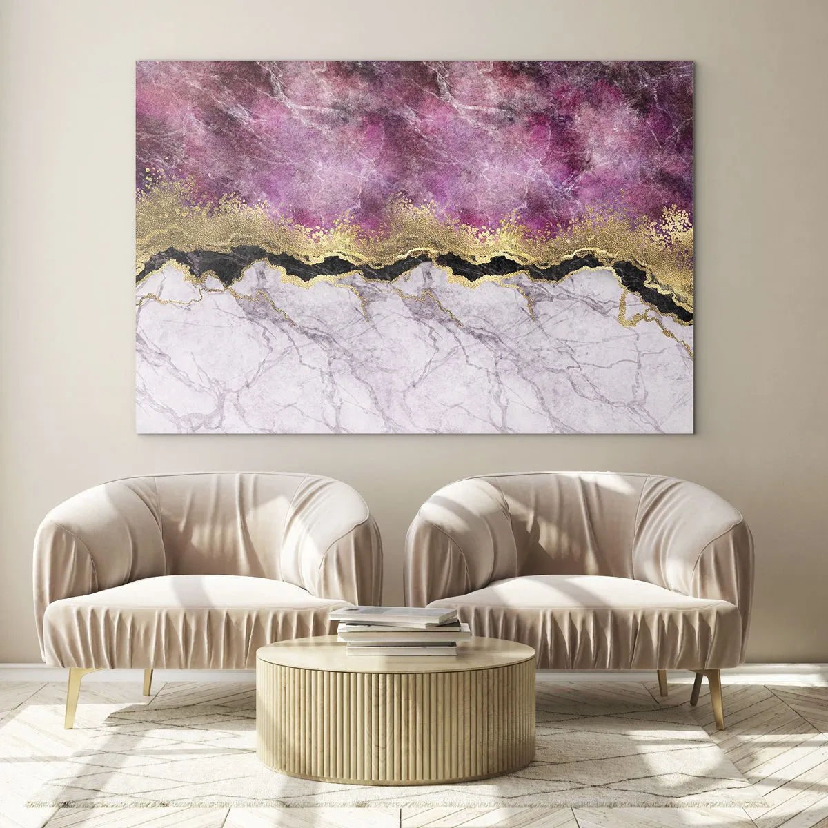 Obraz na szkle - Abstrakcyjna kompozycja marmuru z akcentami złota i purpury - 70x50cm - Na granicy - Nowoczesna dekoracja ścienna do salonu i sypialni ARTTOR