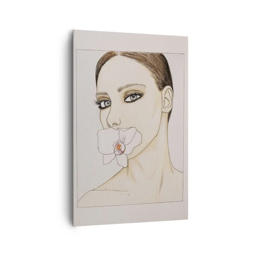 Obraz na płótnie - Portret kobiety z orchideą w delikatnych barwach - 80x120cm - Symbol elegancji i piękna - Nowoczesna dekoracja ścienna do salonu i sypialni ARTTOR