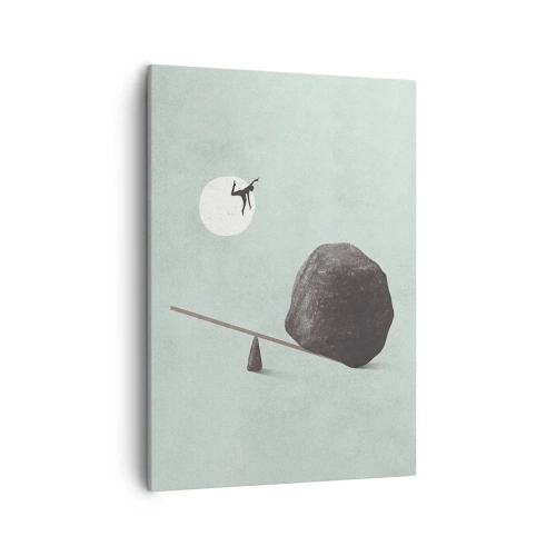 Obraz na płótnie - Sylwetka człowieka wyrzuconego w powietrze przez kamień na huśtawce - 50x70cm - Spełnione marzenie - Nowoczesna dekoracja ścienna do salonu, kuchni i sypialni ARTTOR