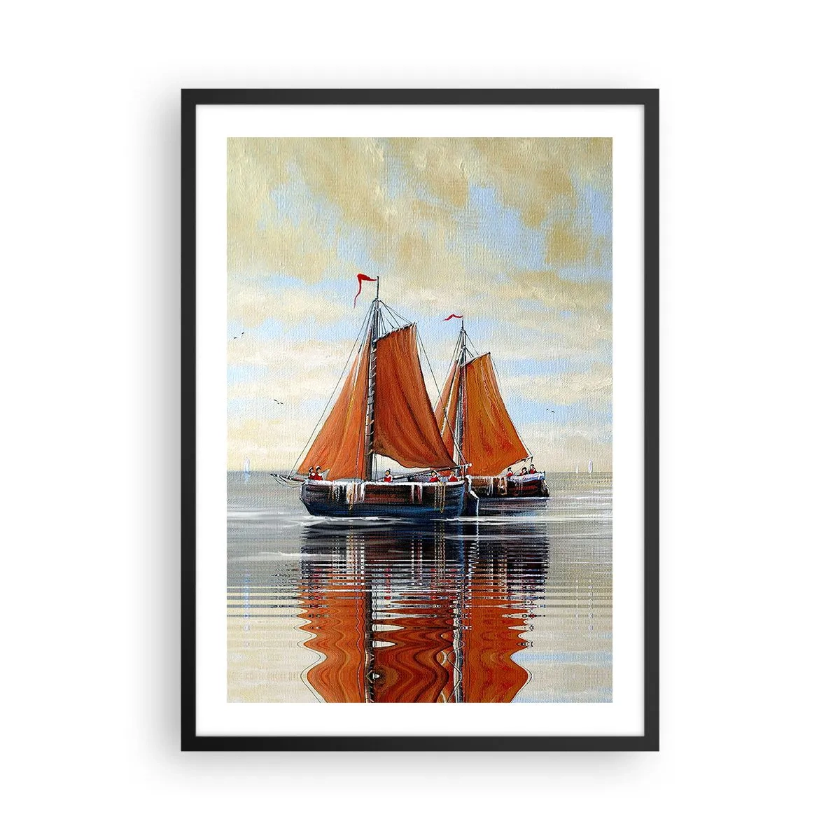 Plakat w czarnej ramie - Żaglówki na spokojnej wodzie z czerwonymi żaglami - 50x70cm - Hej, żeglujże, żeglarzu… - Nowoczesna dekoracja ścienna do salonu i sypialni ARTTOR