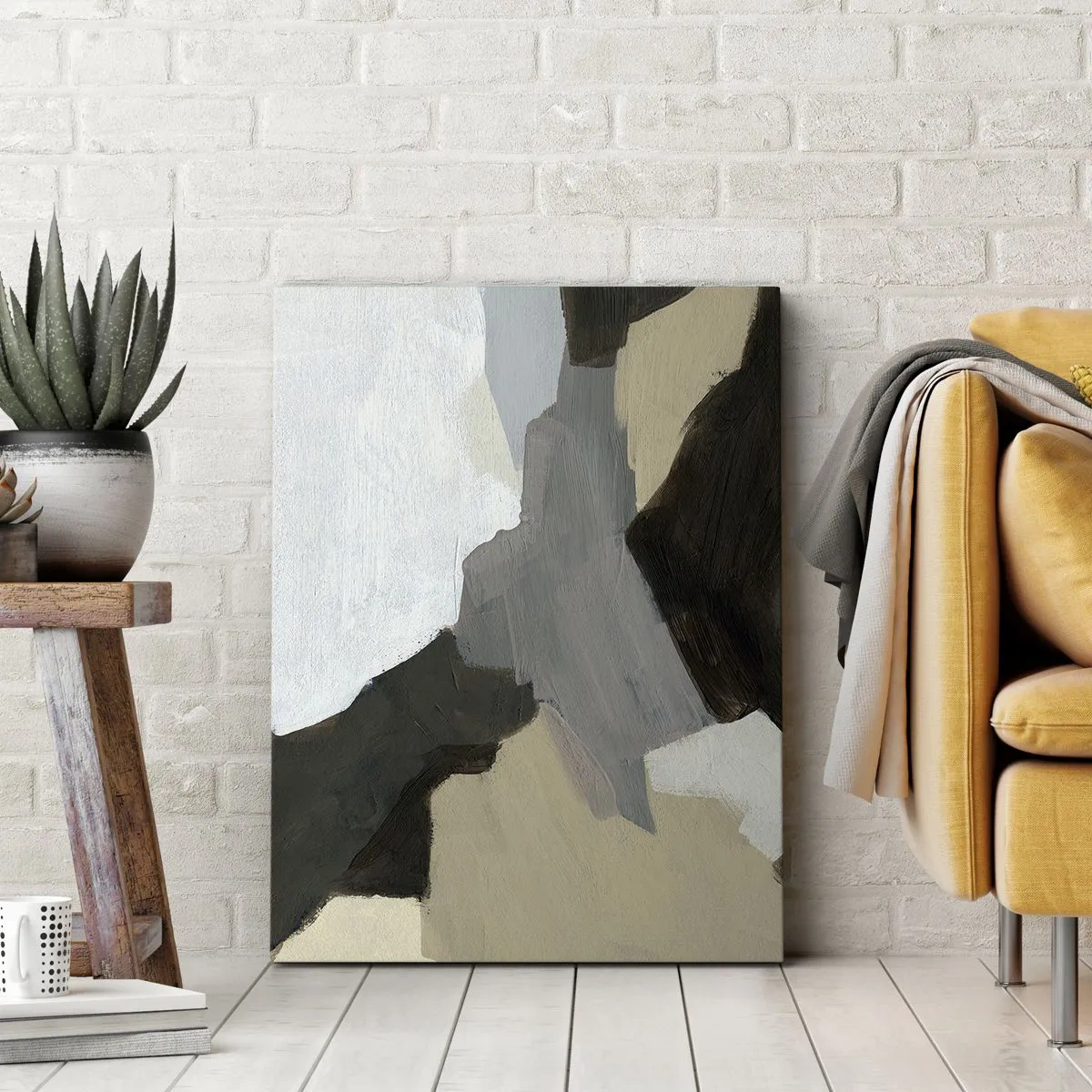Obraz na płótnie - Abstrakcyjna kompozycja w odcieniach beżu, szarości i czerni - 50x70cm - Abstrakcja: rozstaje szarości - Nowoczesna dekoracja ścienna do salonu, kuchni i sypialni ARTTOR