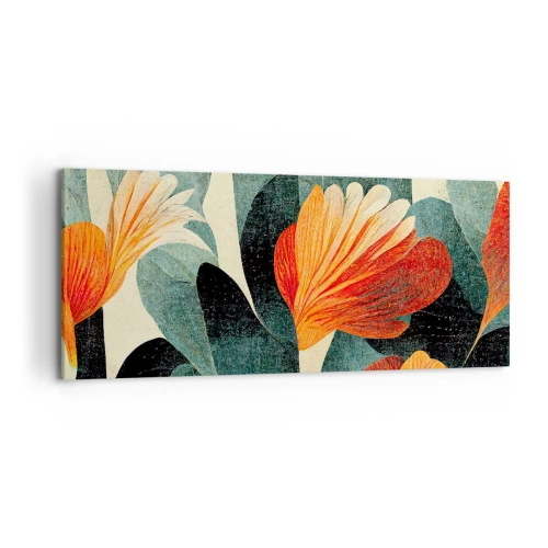 Obraz na płótnie - Kwiaty w intensywnych odcieniach pomarańczu i zieleni - 120x50cm - Żar tropików i chłód zieleni - Nowoczesna dekoracja ścienna do salonu i sypialni ARTTOR