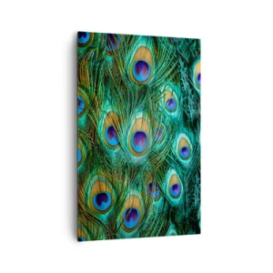Obraz na płótnie - Detale pawich piór w soczystych kolorach - 80x120cm - Pawiookie spojrzenie - Nowoczesna dekoracja ścienna do salonu i sypialni ARTTOR