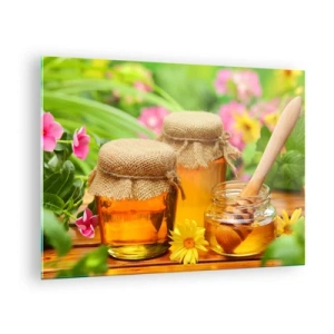 Obraz na szkle - Słoiki z miodem na tle kwiatów w ogrodzie - 70x50cm - Słodko i kwiatowo - Nowoczesna dekoracja ścienna do salonu i sypialni ARTTOR