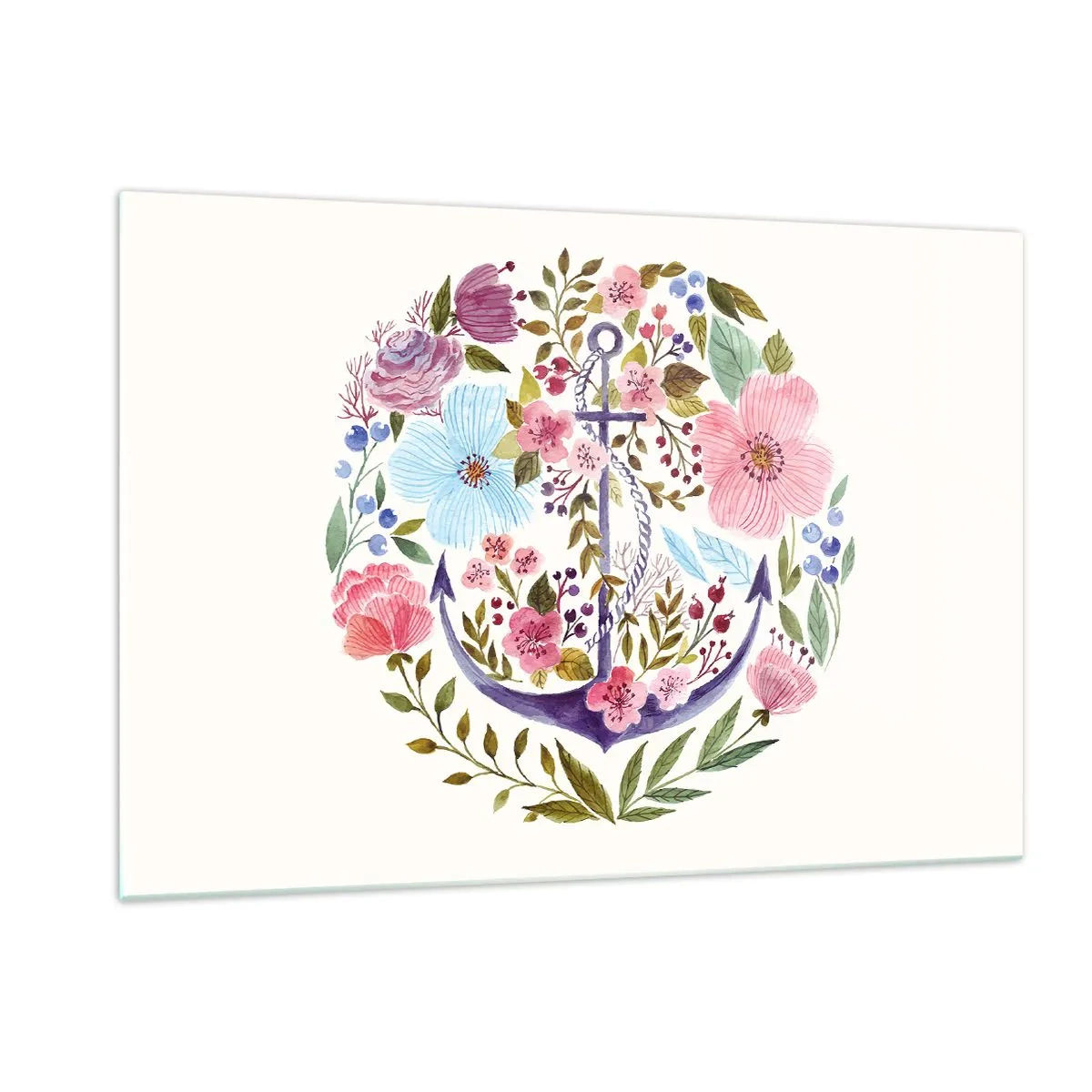 Obraz na szkle - Kotwica w otoczeniu kolorowych kwiatów akwarelowych - 120x80cm - Dobry sen żeglarza - Nowoczesna dekoracja ścienna do salonu, kuchni i sypialni ARTTOR