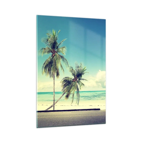 Obraz na szkle - Różowy van z deską surfingową na tle tropikalnej plaży - 80x120cm - Wakacje czas zacząć - Nowoczesna dekoracja ścienna do salonu i sypialni ARTTOR