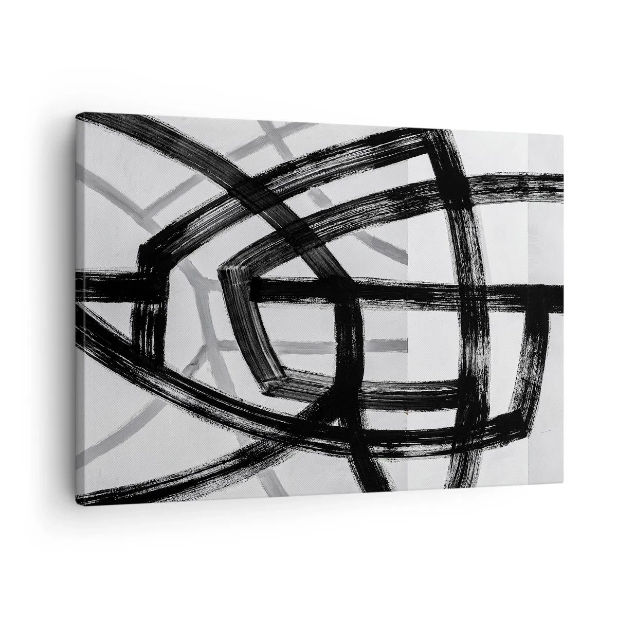 Obraz na płótnie - Czarno-białe abstrakcyjne linie przecinające się na jasnym tle - 70x50cm - Budowanie głębi - Nowoczesna dekoracja ścienna do salonu i sypialni ARTTOR