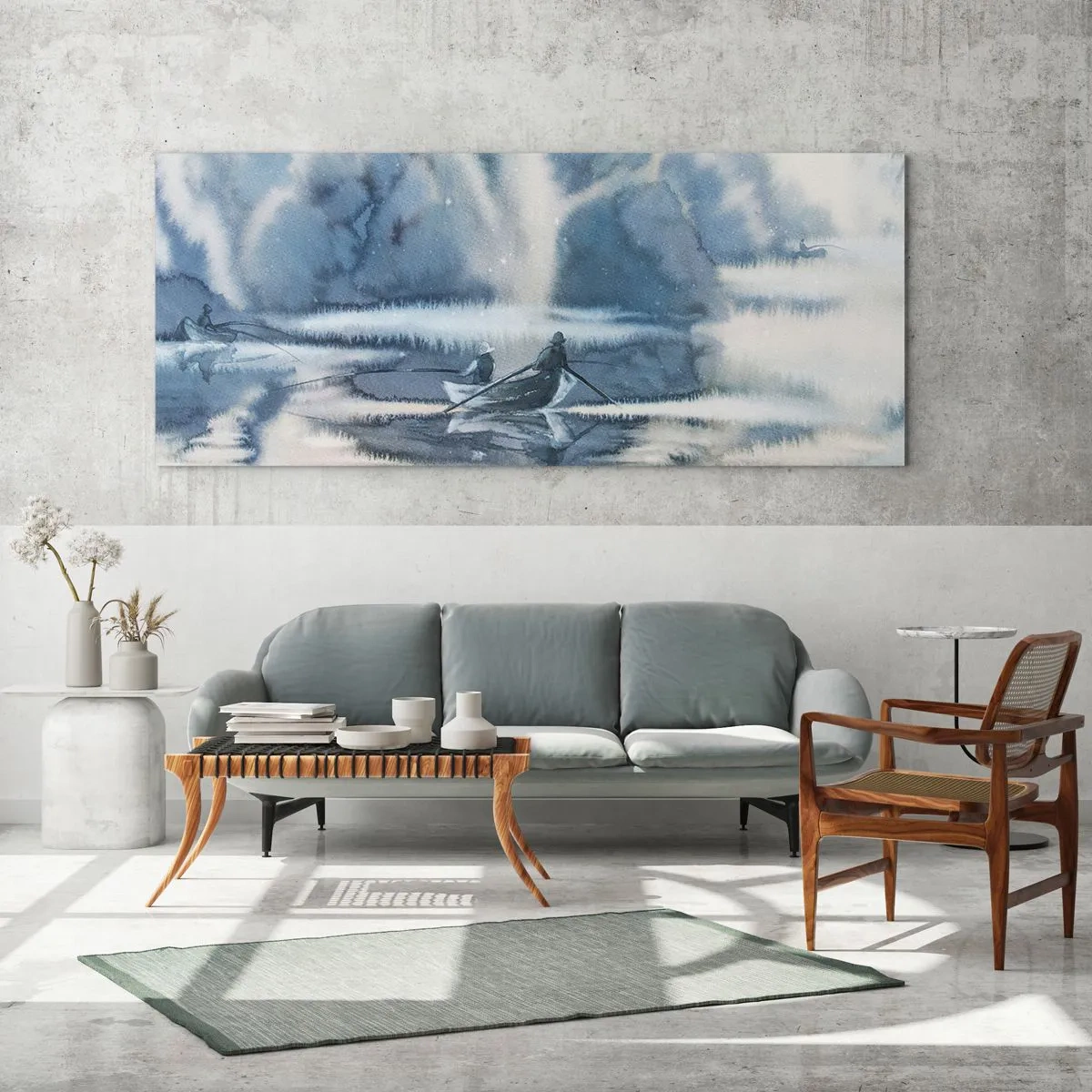 Obraz na szkle - Akwarelowy krajobraz z łodziami na jeziorze otoczonym mglistym lasem - 160x50cm - Wędkarze w swoim raju - Nowoczesna dekoracja ścienna do salonu i sypialni ARTTOR