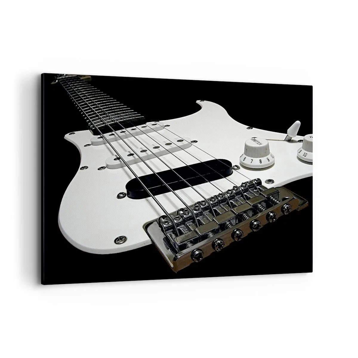 Obraz na płótnie - Biała gitara elektryczna w zbliżeniu na czarnym tle. - 120x80cm - Ukryty w bieli dźwięk - Nowoczesna dekoracja ścienna do salonu, kuchni i sypialni ARTTOR