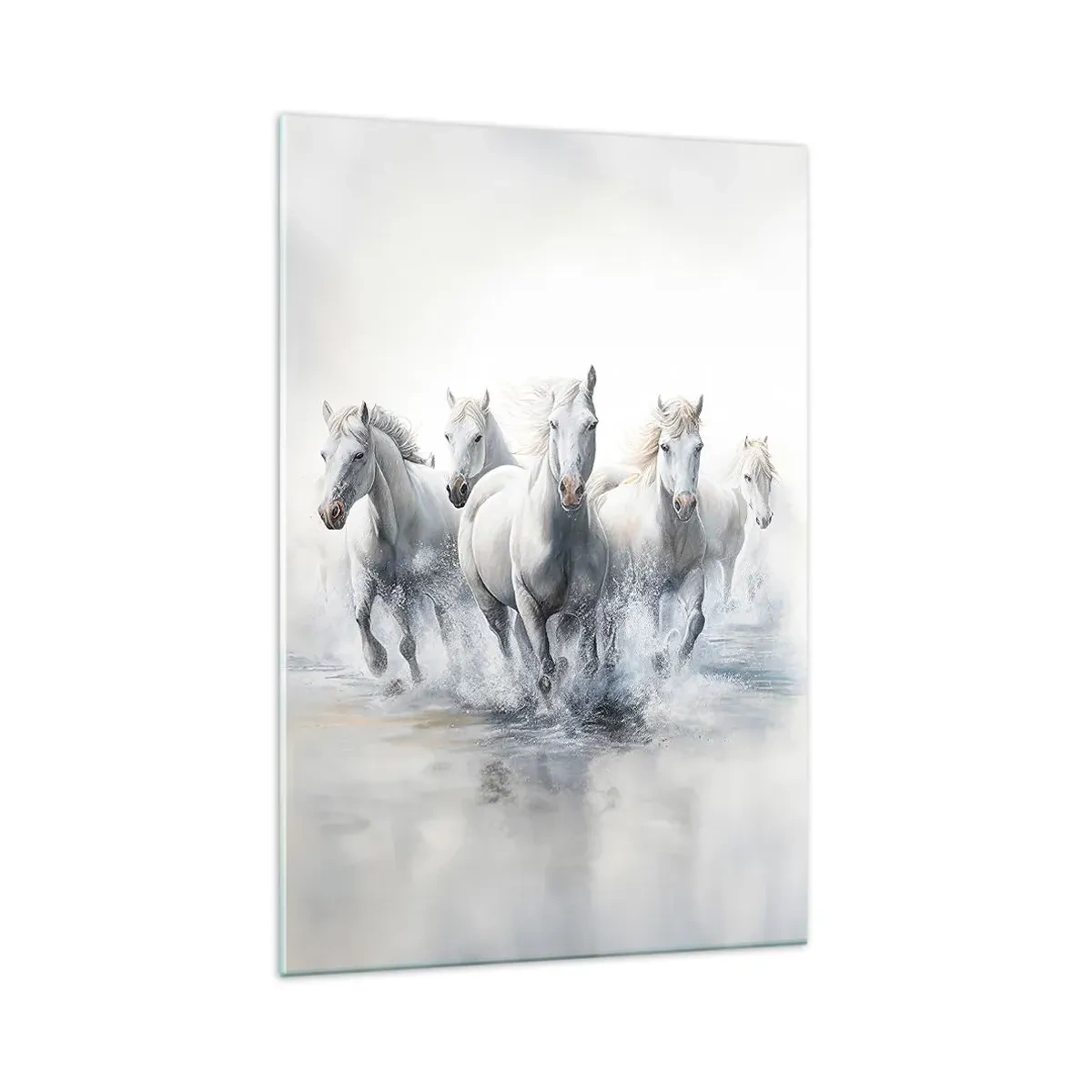 Obraz na szkle - Białe konie galopujące przez wodę - 70x100cm - Biała magia - Nowoczesna dekoracja ścienna do salonu i sypialni ARTTOR