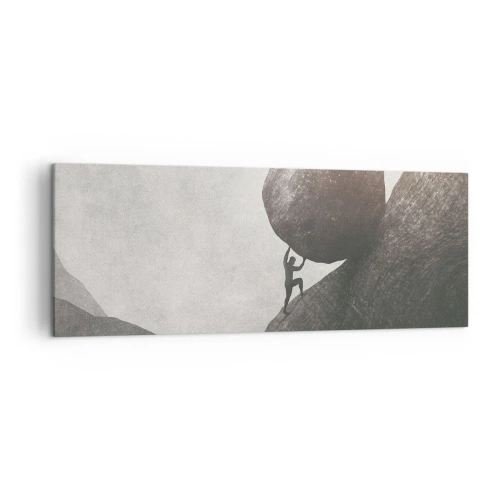 Obraz na płótnie - Człowiek wspinający się z ogromnym głazem pod górę - 140x50cm - Wierzę wbrew nadziei - Nowoczesna dekoracja ścienna do salonu i sypialni ARTTOR