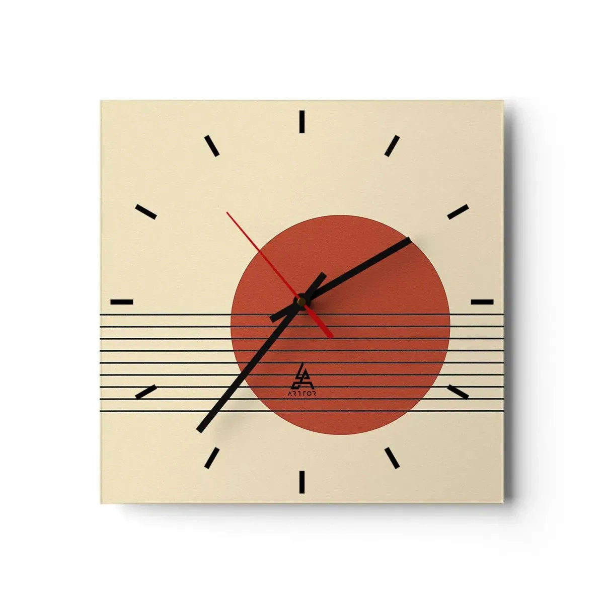 Zegar ścienny - Abstrakcyjny okrąg w czerwieni z liniami na beżowym tle - 30x30cm - W koło i dalej - Nowoczesna dekoracja ścienna do salonu i sypialni ARTTOR