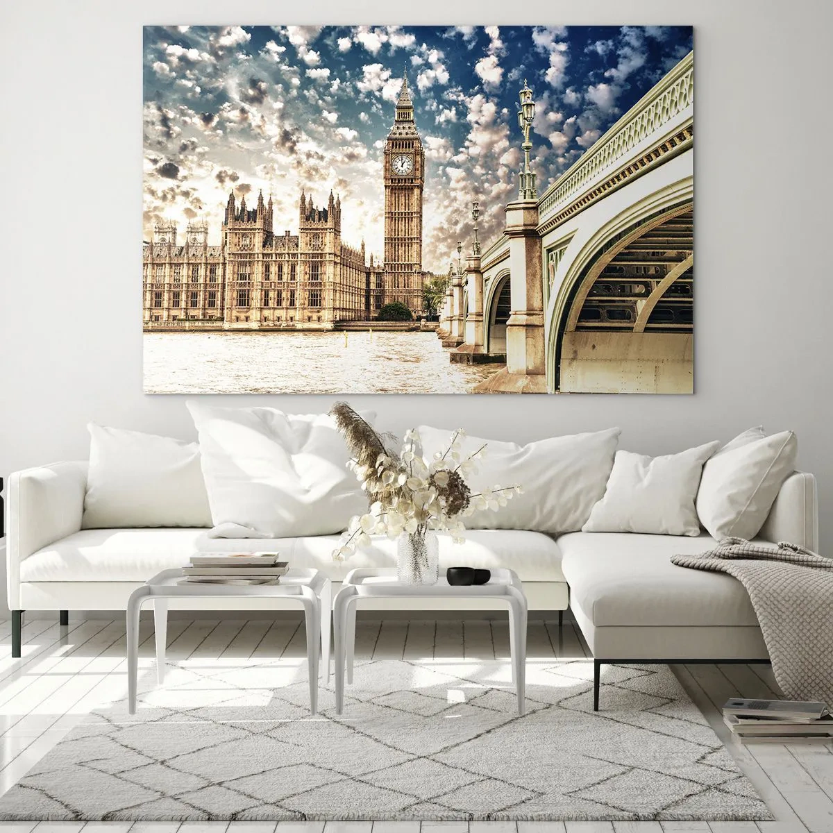 Obraz na szkle - Big Ben i most Westminster w Londynie - 70x50cm - Pierzaste obłoki nad  Tamizą - Nowoczesna dekoracja ścienna do salonu i sypialni ARTTOR