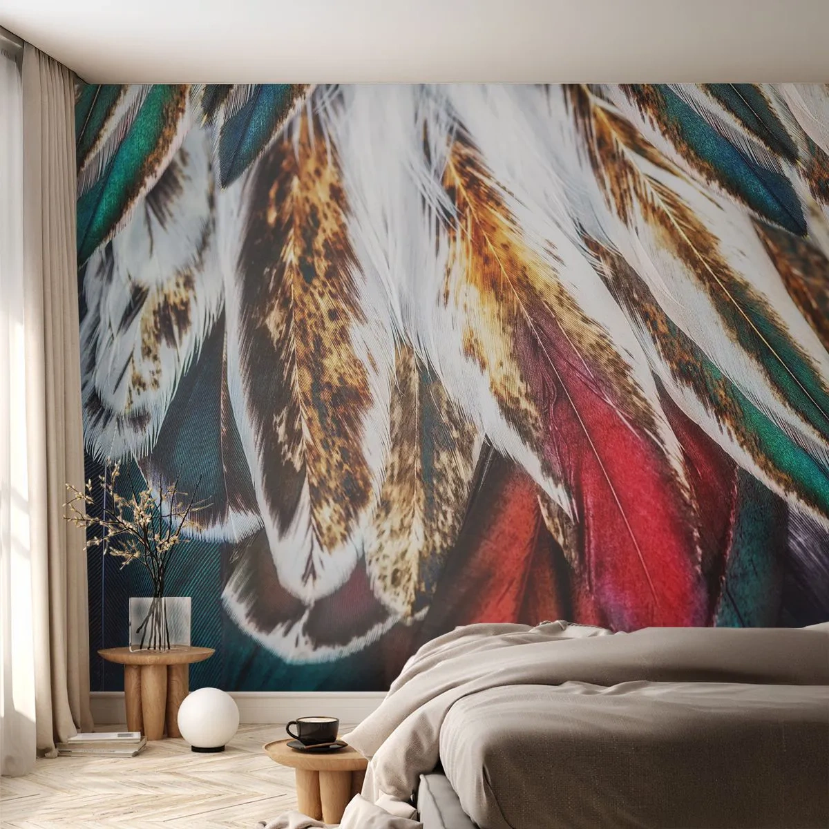 Fototapeta Premium Sand - Kolorowe pióra w detalicznym zbliżeniu z naturalnym wzorem - 100x70cm - Tajemnice lotu - Nowoczesna dekoracja ścienna do salonu, kuchni i sypialni ARTTOR