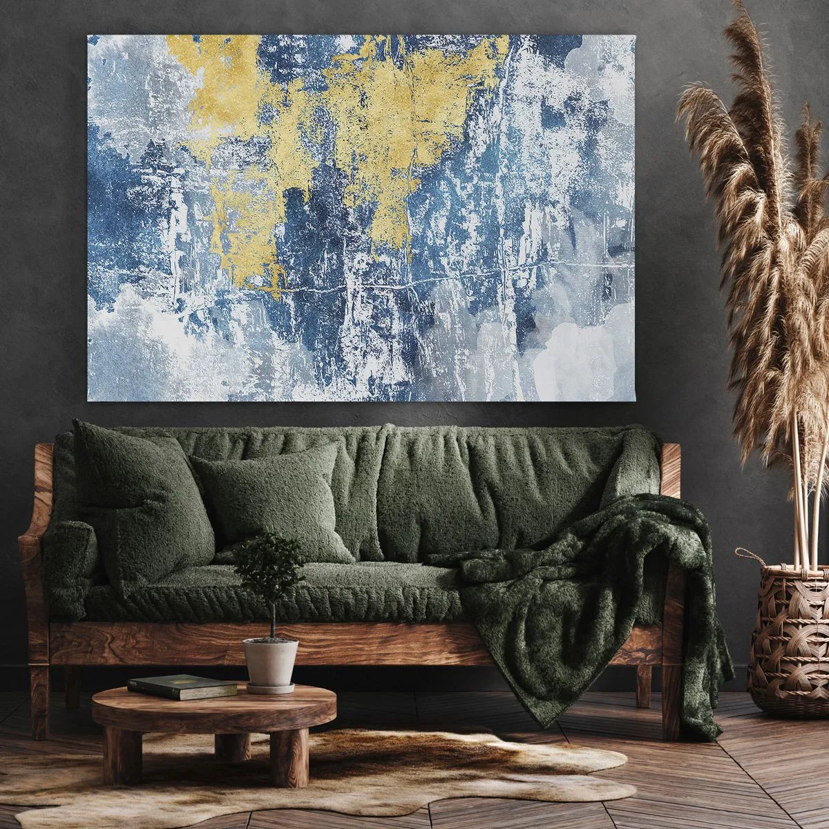 Obraz na płótnie - Abstrakcja w odcieniach niebieskiego i żółtego - 70x50cm - Abstrakcja pełna pogody - Nowoczesna dekoracja ścienna do salonu i sypialni ARTTOR