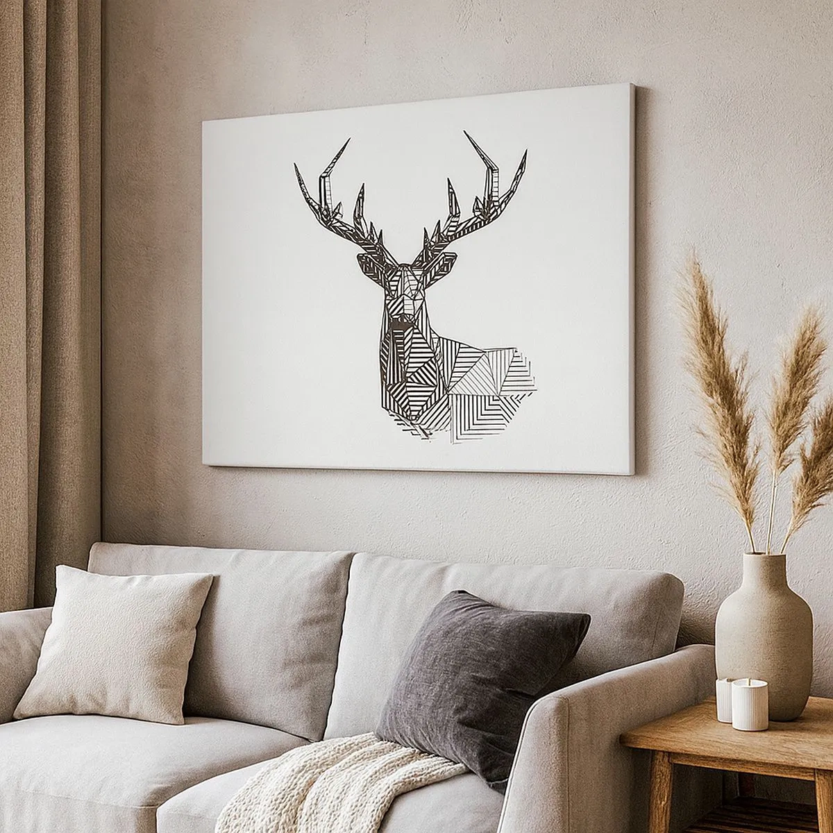 Obraz na płótnie - Geometryczny wizerunek jelenia w minimalistycznym czarno-białym stylu - 70x50cm - Jeleń w kubistycznym stylu - Nowoczesna dekoracja ścienna do salonu i sypialni ARTTOR