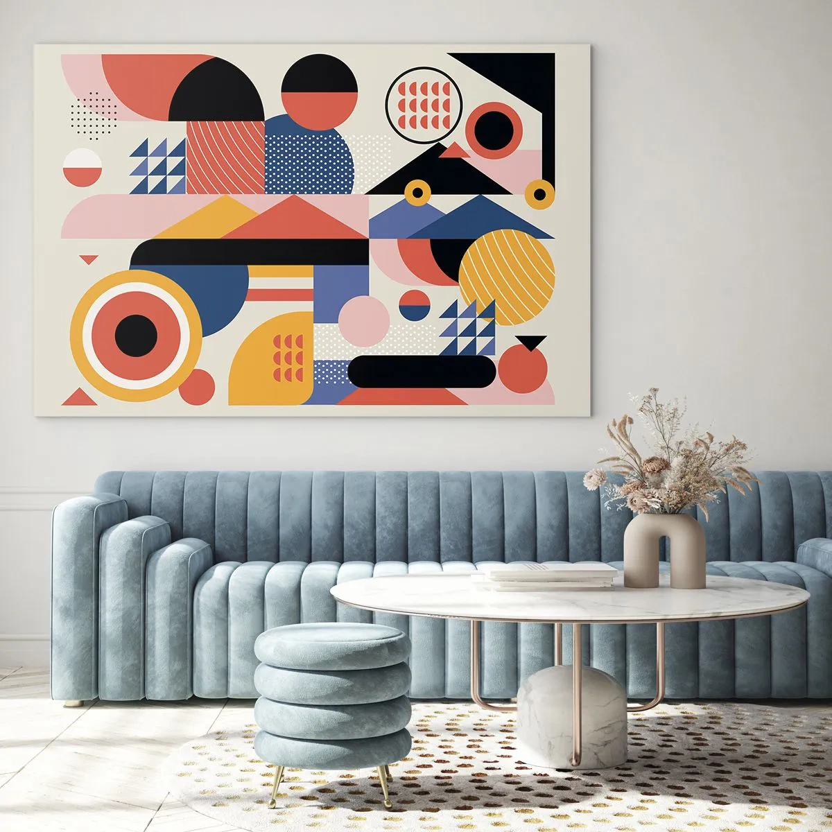 Obraz na szkle - Kolorowa abstrakcja geometryczna z kół i trójkątów - 70x50cm - Kompozycja: pobaw się - Nowoczesna dekoracja ścienna do salonu i sypialni ARTTOR