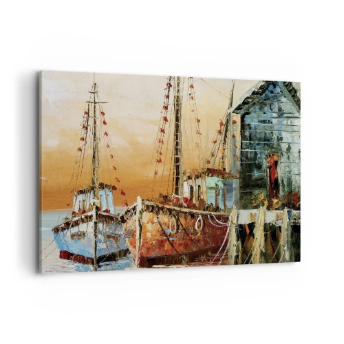 Obraz na płótnie - Łodzie przy brzegu w ciepłym świetle zachodu słońca - 100x70cm - Spokojny powrót - Nowoczesna dekoracja ścienna do salonu, kuchni i sypialni ARTTOR