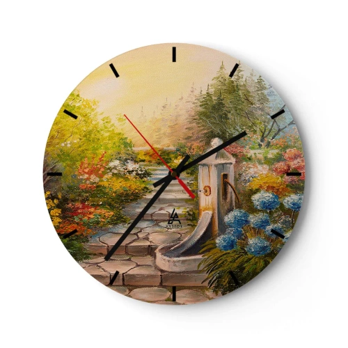 Zegar ścienny - Ogród z fontanną w otoczeniu kolorowych kwiatów i drzew - 30x30cm - W pełnym rozkwicie - Nowoczesna dekoracja ścienna do salonu, kuchni i sypialni ARTTOR