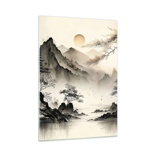 Obraz na szkle - Orientalny pejzaż górski z pagodą i drzewami - 50x70cm - Niepowtarzalny urok orientu - Nowoczesna dekoracja ścienna do salonu, kuchni i sypialni ARTTOR