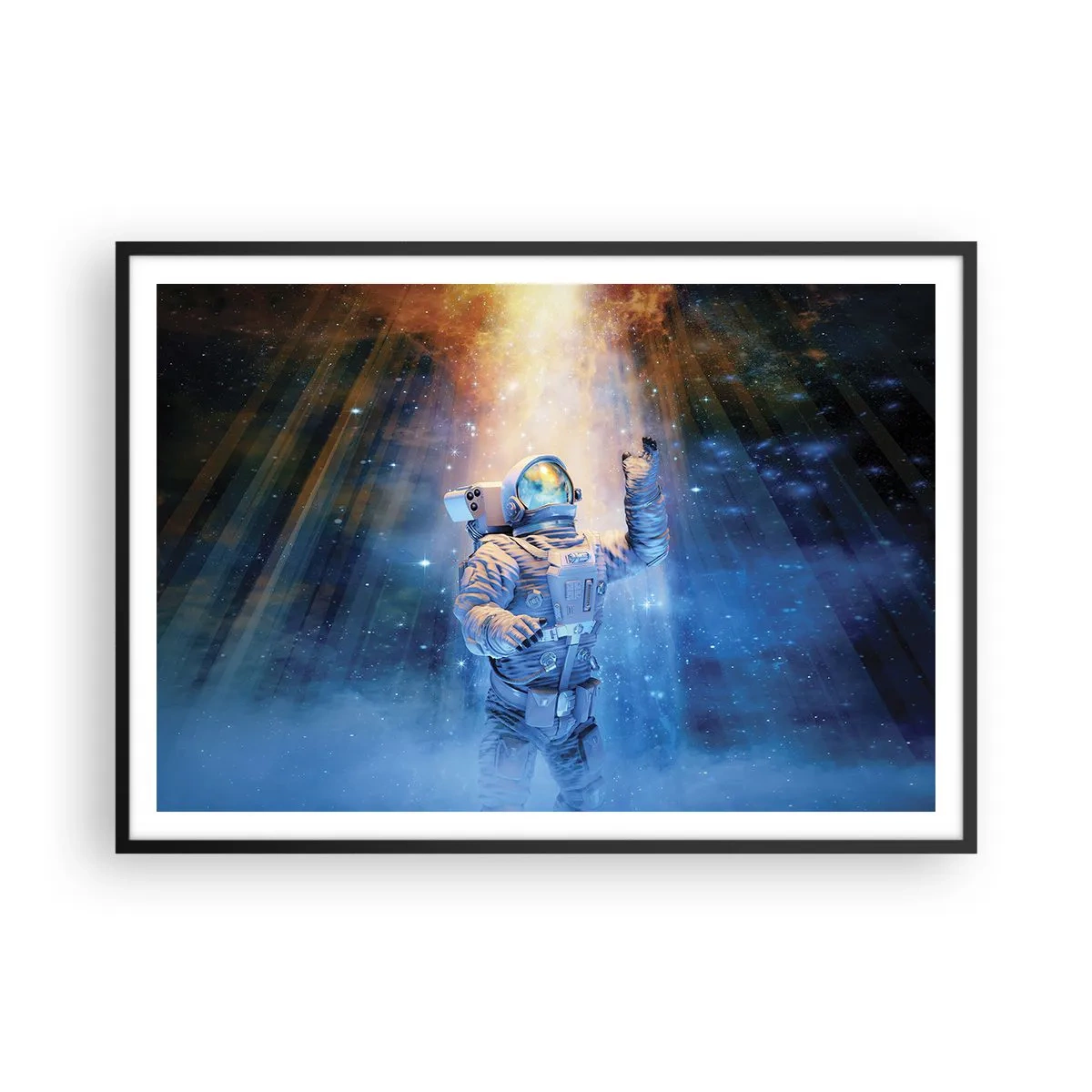 Plakat w czarnej ramie - Astronauta w świetle kosmicznej eksplozji pełnej gwiazd - 100x70cm - Wreszcie u celu - Nowoczesna dekoracja ścienna do salonu i sypialni ARTTOR