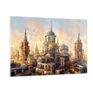 Obraz na szkle - Fantazyjna panorama miasta z wieżami i pałacami - 120x80cm - Miasto miast - Nowoczesna dekoracja ścienna do salonu, kuchni i sypialni ARTTOR