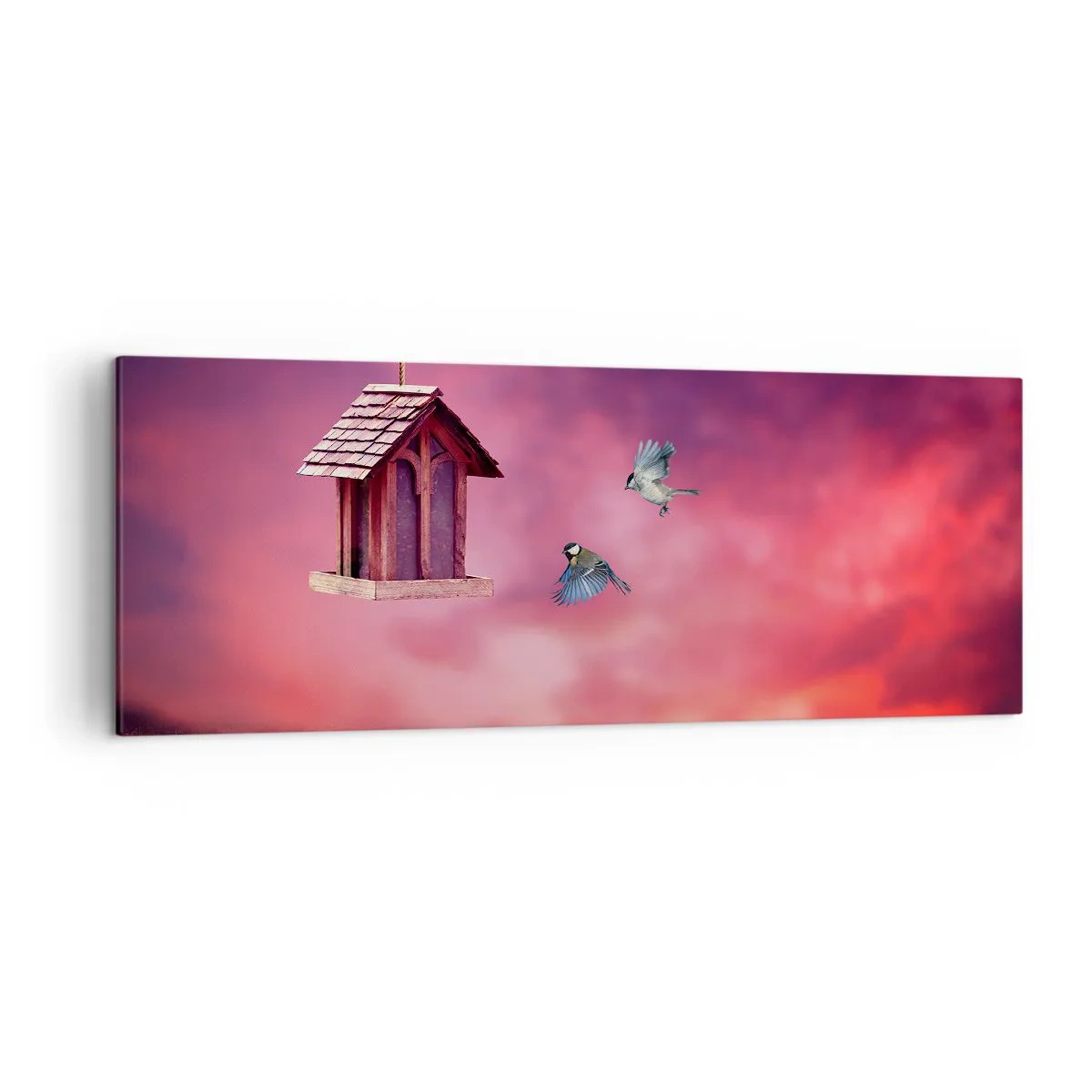 Obraz na płótnie - Malowniczy krajobraz z budką dla ptaków i zachodem słońca - 140x50cm - Zaproszenie na kolację - Nowoczesna dekoracja ścienna do salonu i sypialni ARTTOR