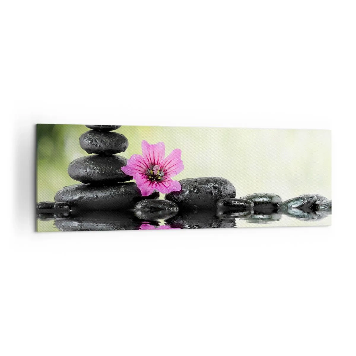 Obraz na płótnie - Kamienie Zen i różowy kwiat odbijające się w wodzie - 160x50cm - Czas dla duszy - Nowoczesna dekoracja ścienna do salonu i sypialni ARTTOR