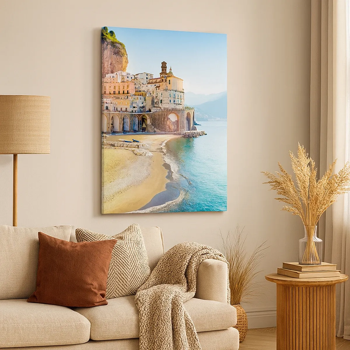 Obraz na płótnie - Malownicze nadmorskie miasteczko z kolorowymi budynkami przy plaży - 50x70cm - Miasto niebywałe - Nowoczesna dekoracja ścienna do salonu, kuchni i sypialni ARTTOR