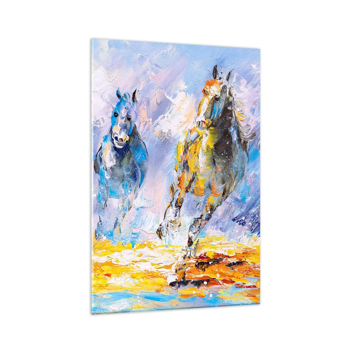 Obraz na szkle - Dwa konie w ruchu na tle abstrakcyjnego pejzażu - 70x100cm - Galopem przez blask - Nowoczesna dekoracja ścienna do salonu i sypialni ARTTOR