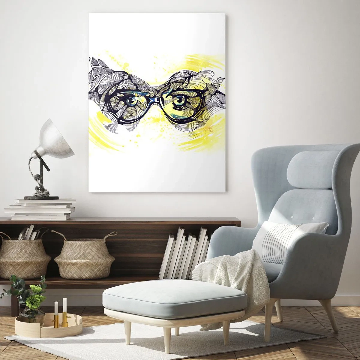 Obraz na szkle - Okulary z artystycznymi wzorami i oczami na tle w żółtych tonacjach - 50x70cm - Przez błękitne okulary - Nowoczesna dekoracja ścienna do salonu, kuchni i sypialni ARTTOR