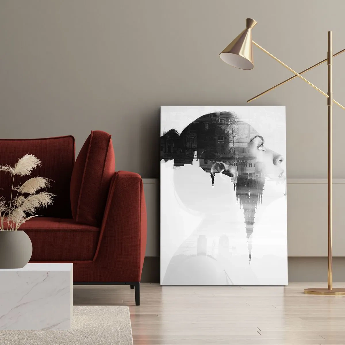 Obraz na płótnie - Portret kobiety z konturami miasta w tle, czarno-białe barwy - 80x120cm - Po dwóch stronach szyby - Nowoczesna dekoracja ścienna do salonu i sypialni ARTTOR