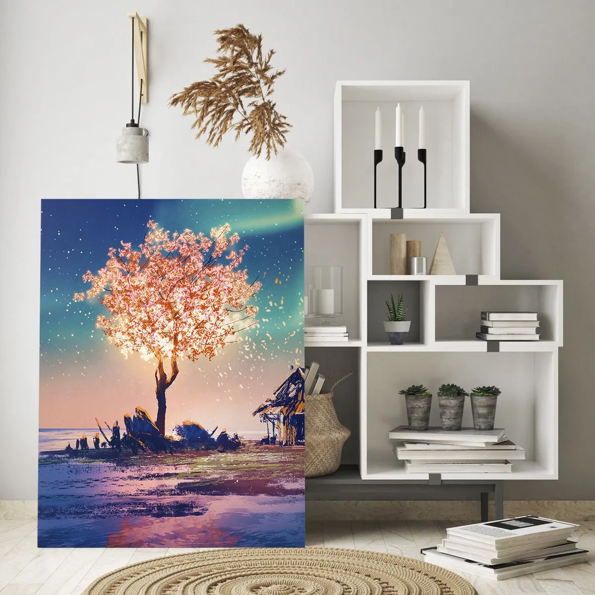 Obraz na szkle - Magiczny krajobraz z kwitnącym drzewem i chatą - 50x70cm - Natura nie przemija - Nowoczesna dekoracja ścienna do salonu, kuchni i sypialni ARTTOR