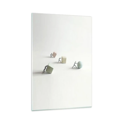 Obraz na szkle - Miniaturowe postacie pchające kształty na jasnym tle - 80x120cm - Samo życie - Nowoczesna dekoracja ścienna do salonu i sypialni ARTTOR