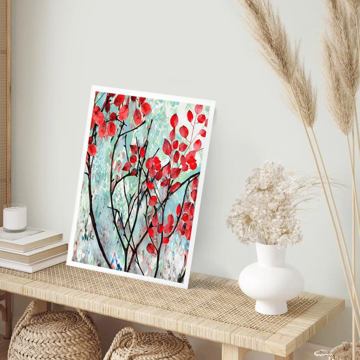 Plakat - Czerwone liście na tle abstrakcyjnej tekstury - 50x70cm - Drzewo w szkarłacie - Nowoczesna dekoracja ścienna do salonu, kuchni i sypialni ARTTOR